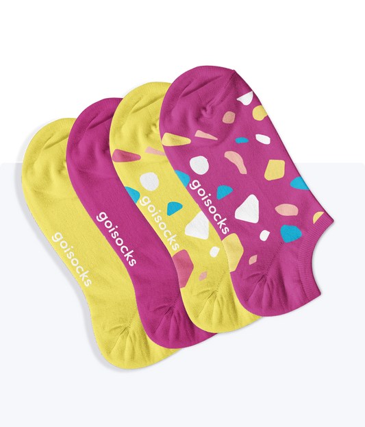 4 darab Goisocks Bokazokni. Egyszínű élénk lila és vibráló sárga, köves mintás élénk lila és vibráló sárga.