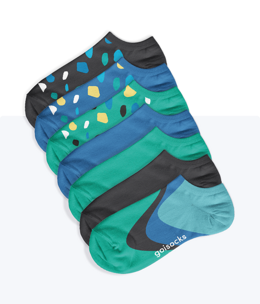 7 darab Goisocks Bokazokni. Egyszínű csodás kék, páva zöld, fekete, kavicsos csodás kék, páva zöld, fekete és kék, zöld, fekete hullámos mintás.